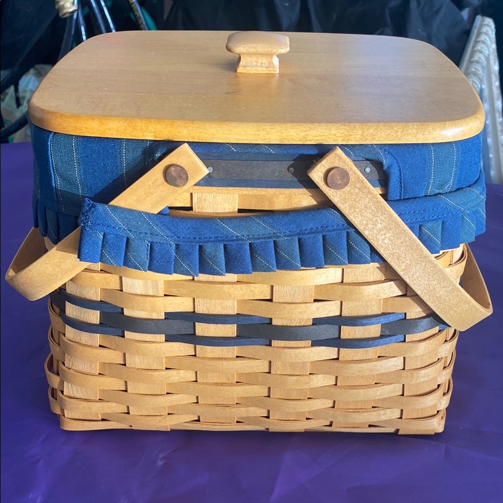 Woven Basket with Blue Fabric Trim